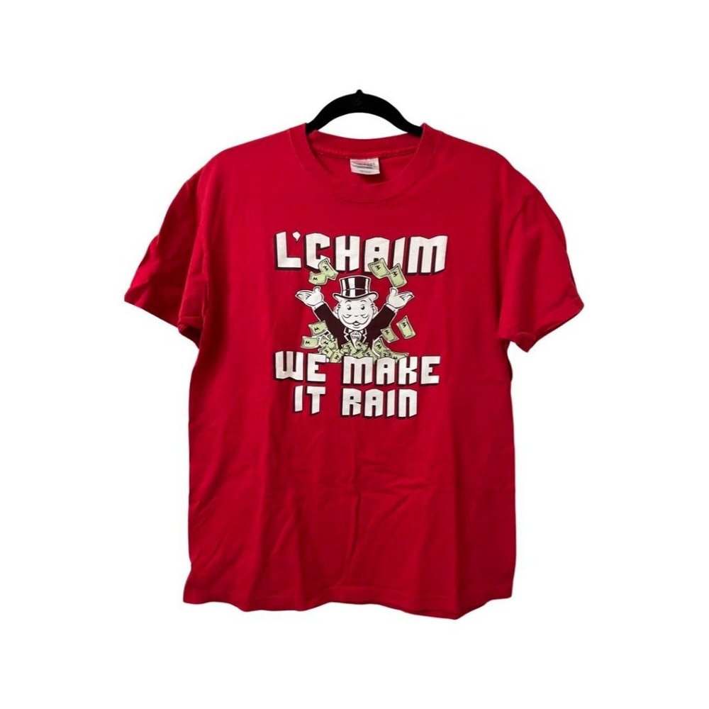 Vintage L'Chaim We Make It Rain Medium Red T Shirt Money Moola Uncle Pennybags